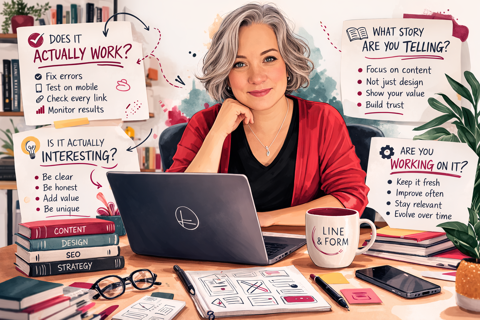 Diagram showing the four principles of a good website: functionality, storytelling, quality content, and regular maintenance