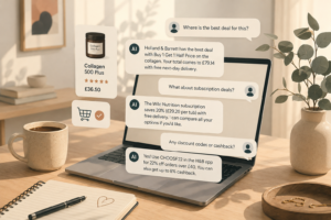AI shopping assistant comparing product prices, subscription deals and cashback online