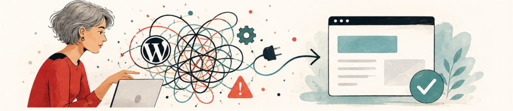 Illustration of untangling WordPress problems into a working website